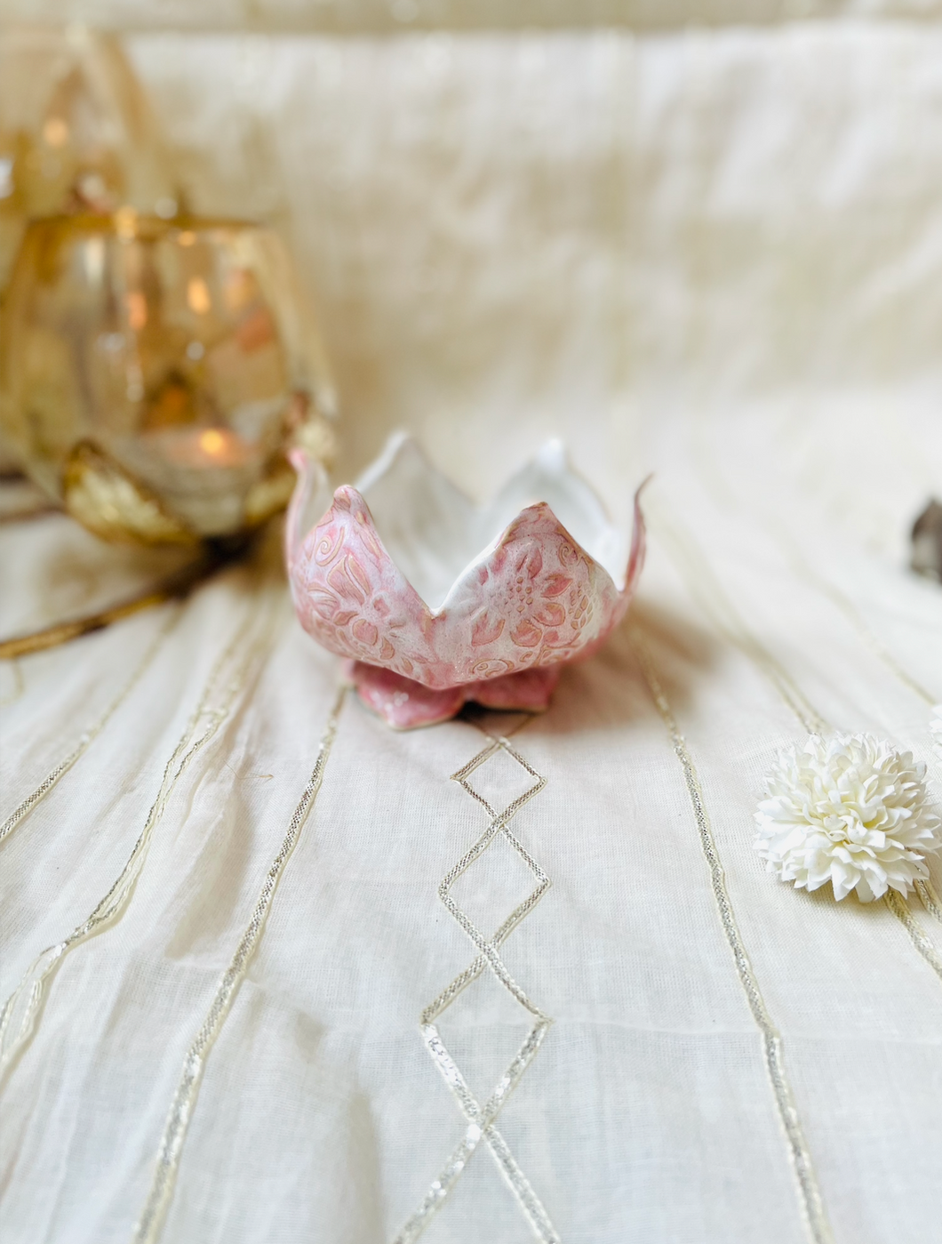 Handmade Ceramic Lotus Candle Holder (with feet)