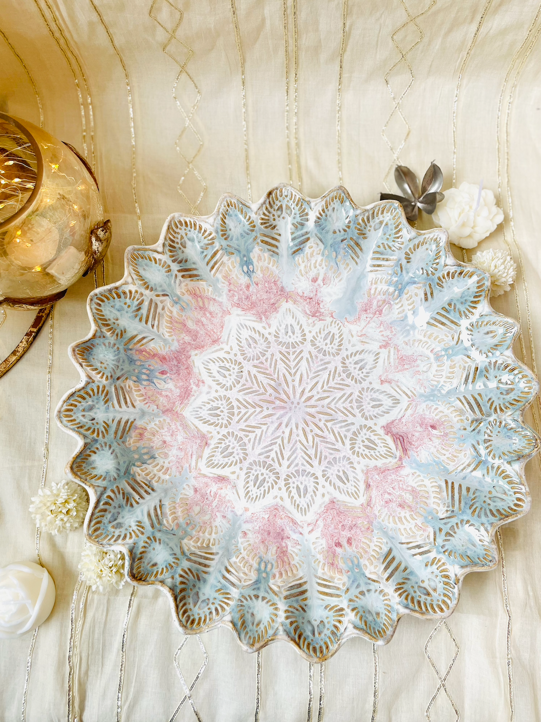 Handmade Ceramic Round Peacock Feather Platter