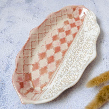 Handmade Ceramic Fancy Rim Platter (Pink & White)- Medium