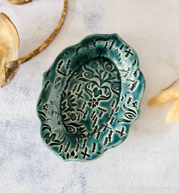 Handmade Ceramic Dark Blue Fancy Rim Platter- Small