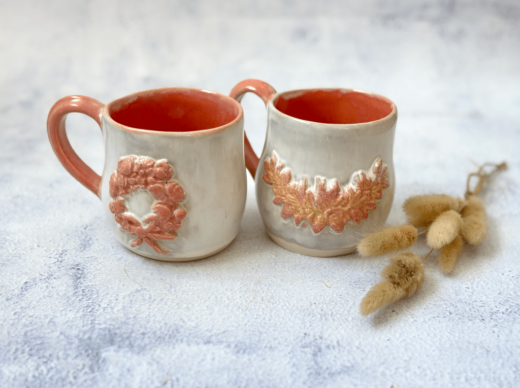 Handmade Ceramic Mug With Pink Floral Wreath