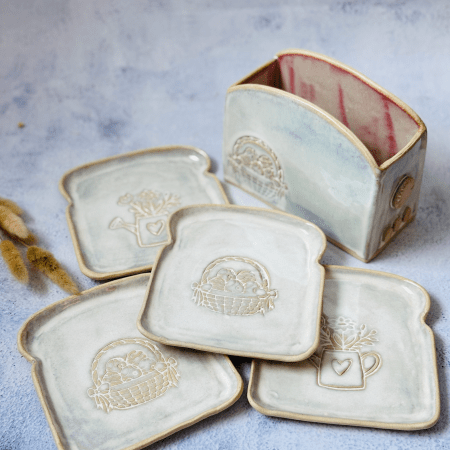 Handmade Ceramic Toaster Holder with Bread Plates (Set of 4)