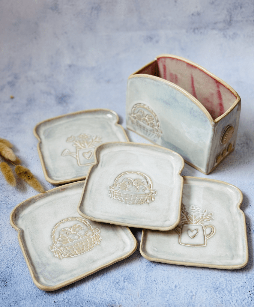 Handmade Ceramic Toaster Holder with Bread Plates (Set of 4)
