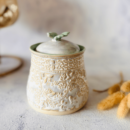 Handmade Ceramic Lidded Pot- Green & White