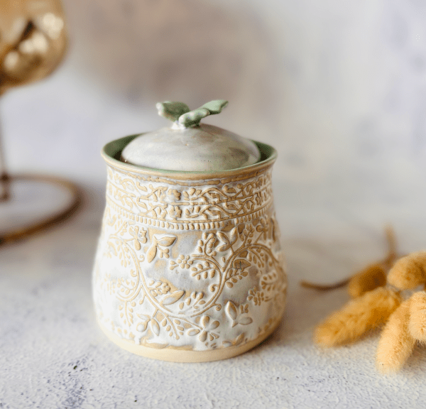 Handmade Ceramic Lidded Pot- Green & White
