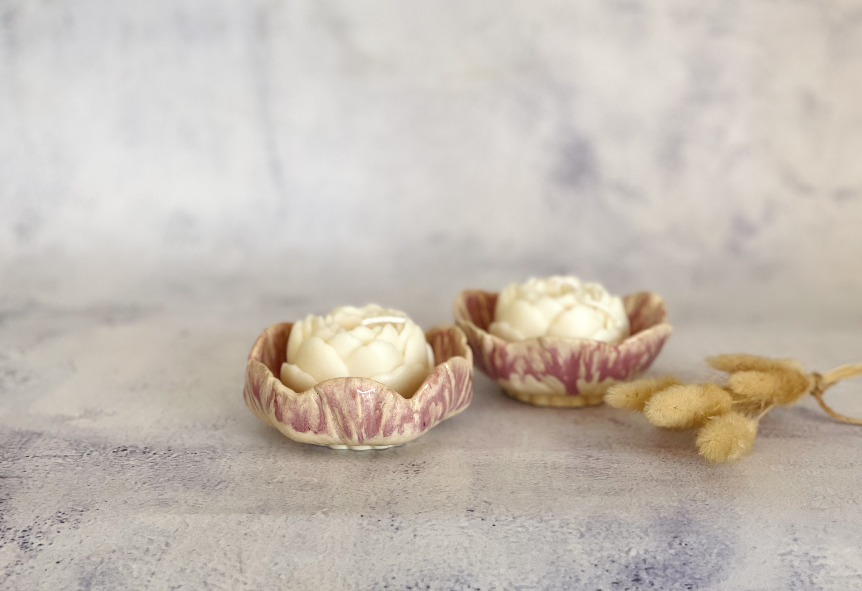 Handmade Ceramic Flower Bowl Candle Set- Soft Purple - Image 5