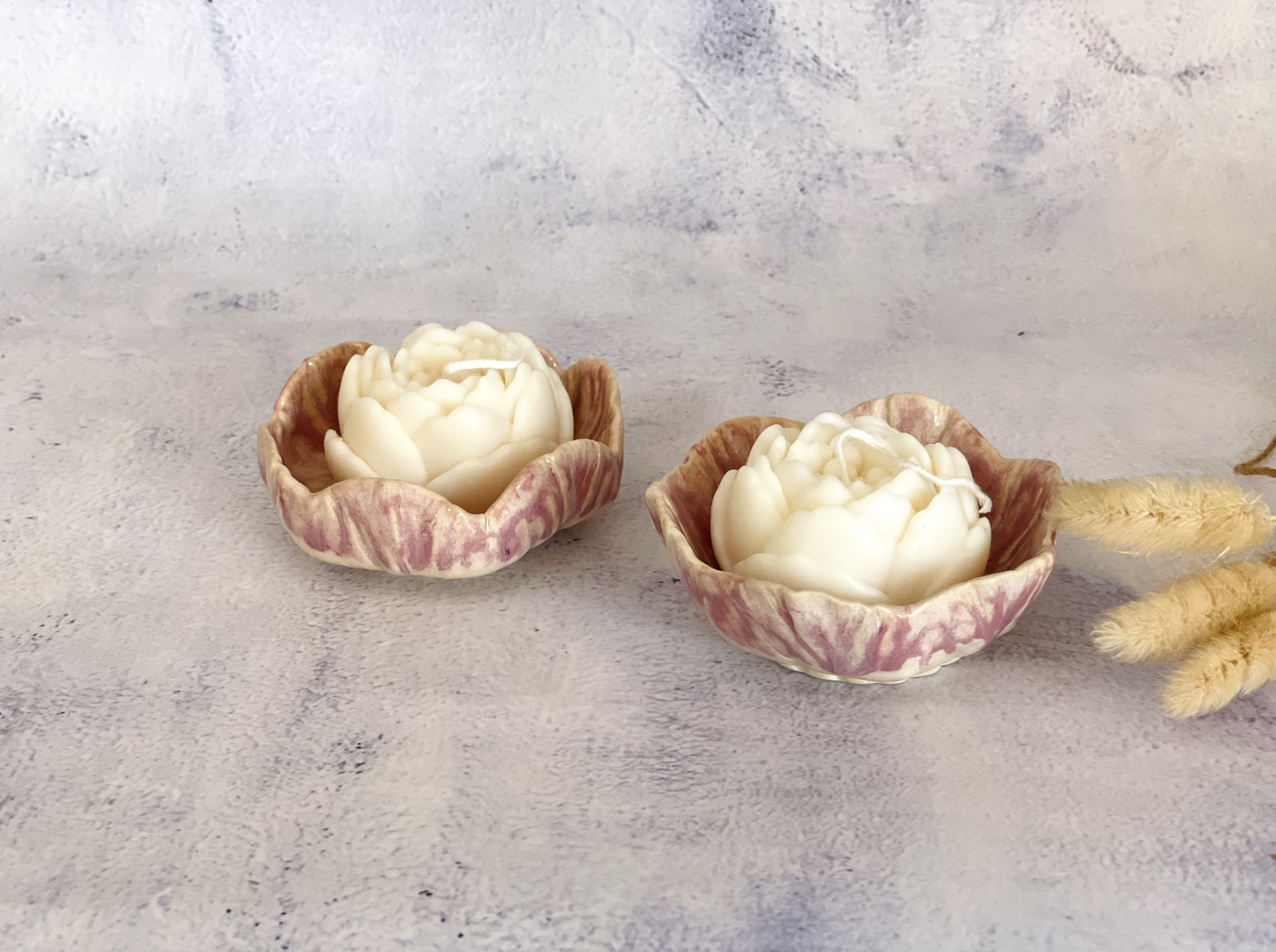 Handmade Ceramic Flower Bowl Candle Set- Soft Purple - Image 4
