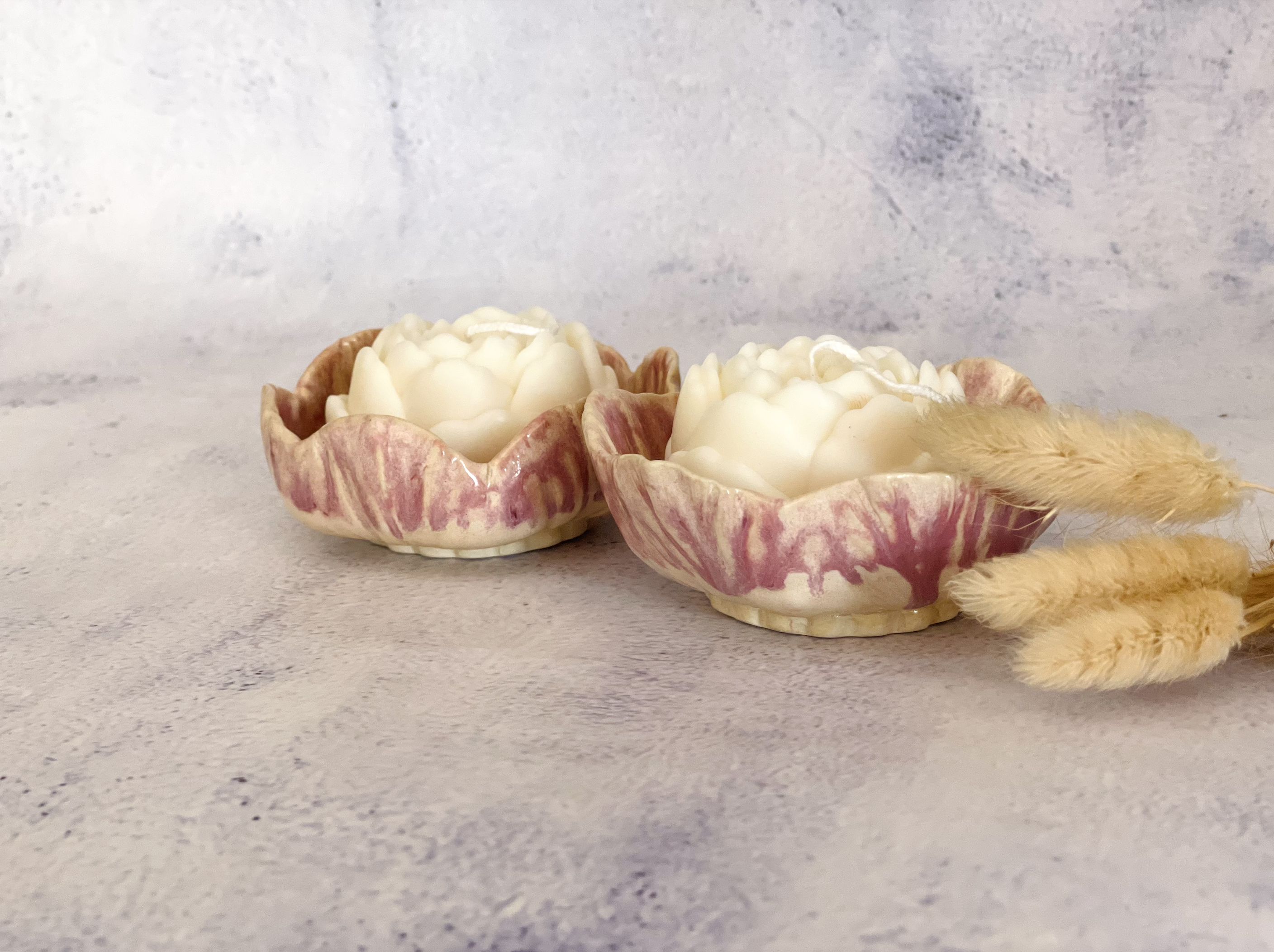 Handmade Ceramic Flower Bowl Candle Set- Soft Purple - Image 2