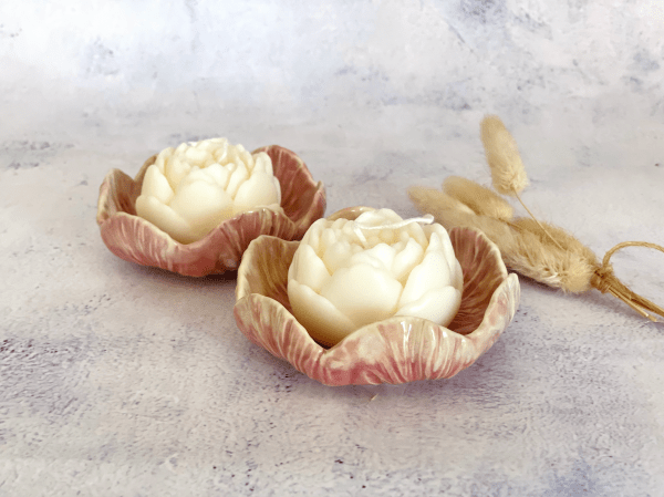 Handmade Ceramic Flower Bowl Candle Set- Pink