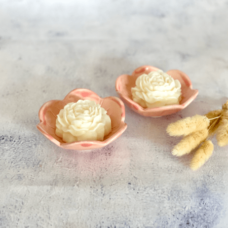 Handmade Ceramic Flower Bowl Candle Set- Coral