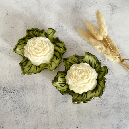 Handmade Ceramic Leaf Dish Candle Set- Warm Green