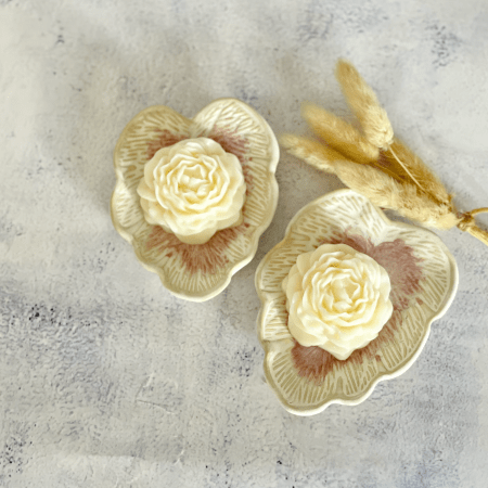 Handmade Ceramic Leaf Dish Candle Set- White & Pink