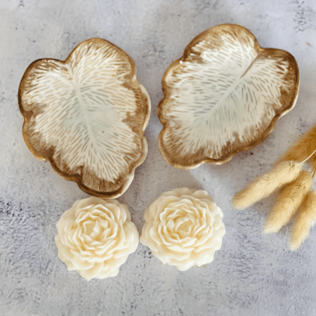 Handmade Ceramic Leaf Dish Candle Set- White & Rust