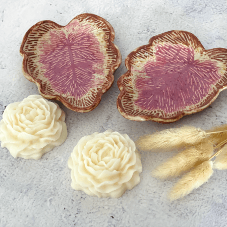 Handmade Ceramic Leaf Dish Candle Set- Purple & Rust