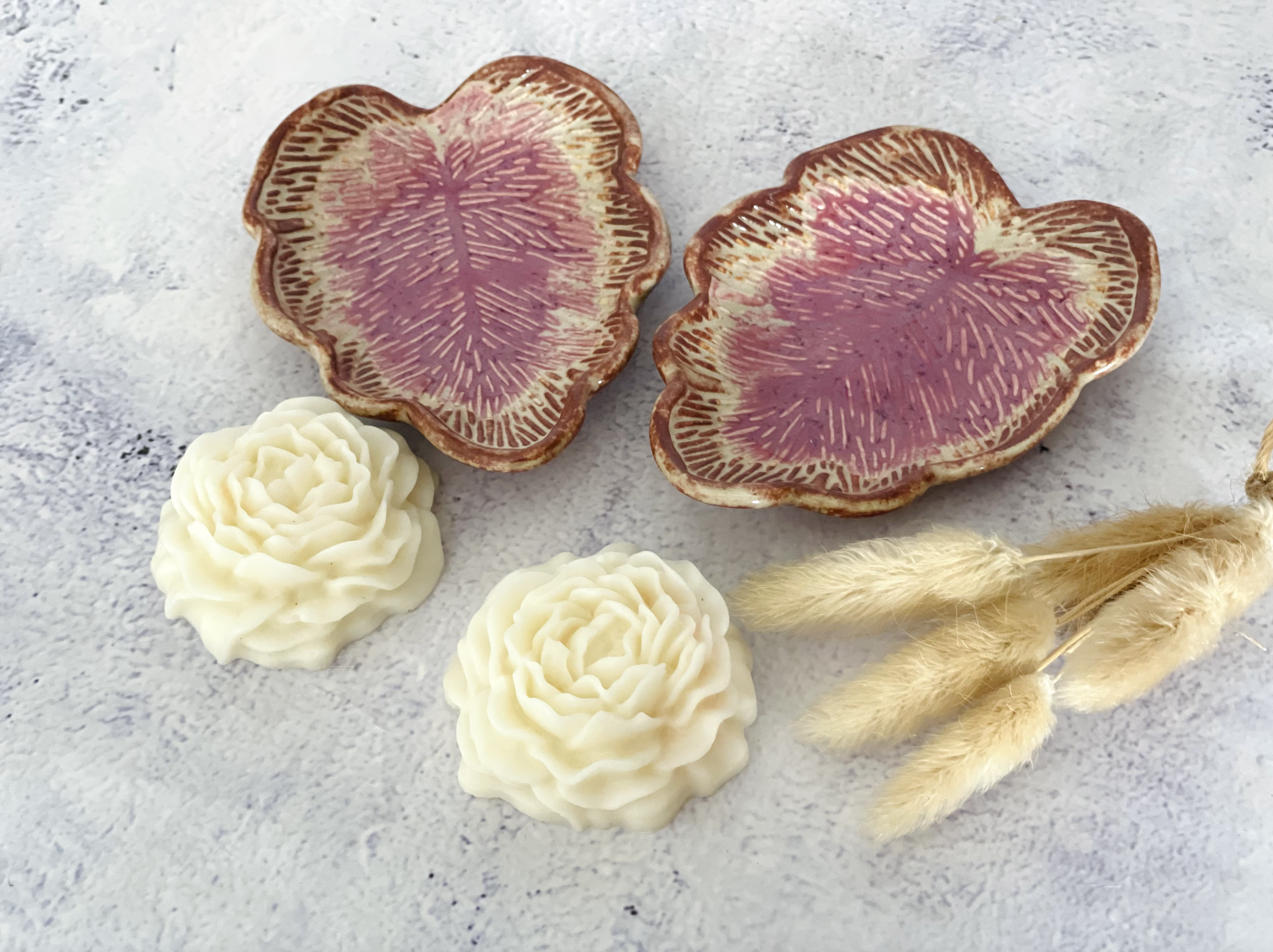Handmade Ceramic Leaf Dish Candle Set- Purple & Rust